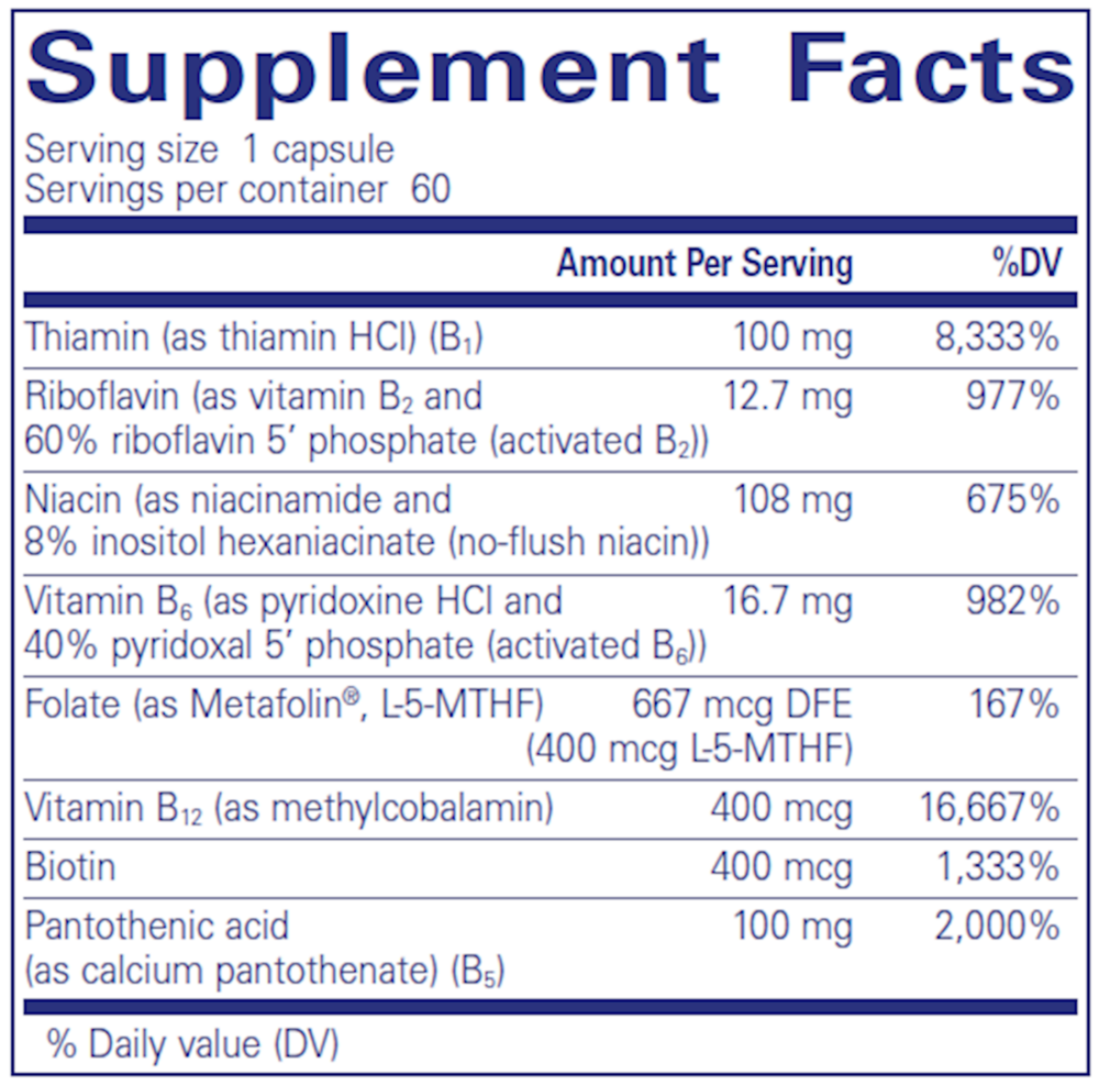 Supplement Facts label for B-Complex Plus 60 Capsules by Pure Encapsulations