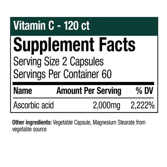 Supplement Facts label for Vitamin C 120 Capsules by NutraMedix