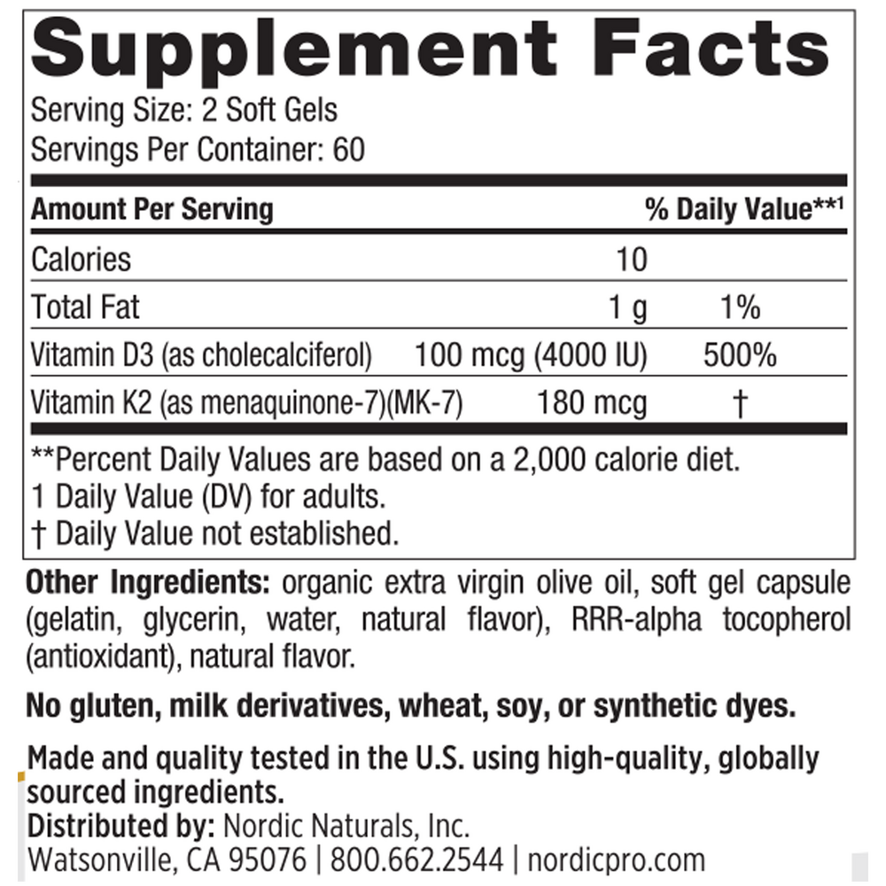Supplement Facts label for Vitamin D3 + K2 120 Softgels by Nordic Naturals