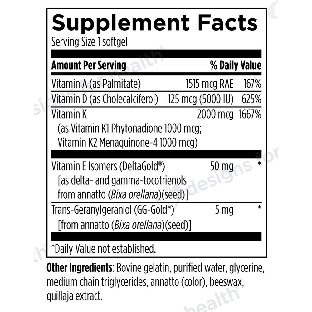 Supplement Facts label for ADK Evail 60 Softgels by Designs for Health