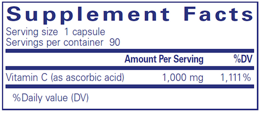 Supplement Facts label for Ascorbic Acid 90 Capsules by Pure Encapsulations