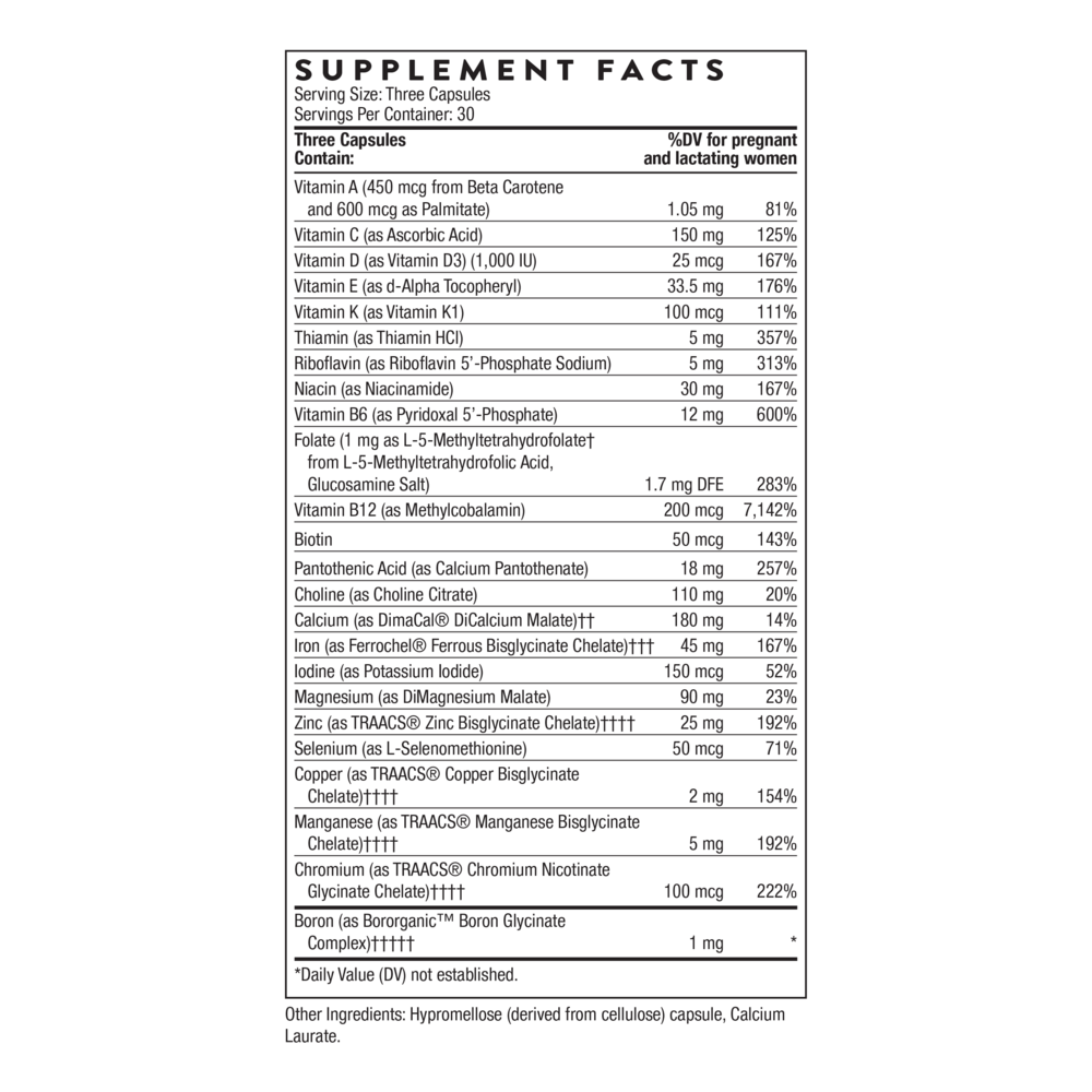 Supplement Facts label for Basic Prenatal 90 Capsules by Thorne