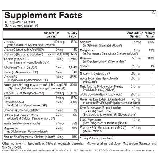 Supplement Facts label for Mitocore 120 Capsules by Ortho Molecular Products