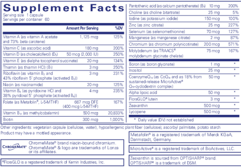 O.N.E. Multivitamin – 60 Capsules by Pure Encapsulations Supplement Facts label