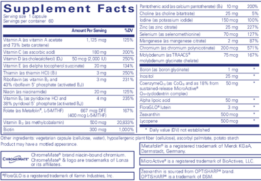 Supplement Facts label for O.N.E. Multivitamin 60 Capsules by Pure Encapsulations