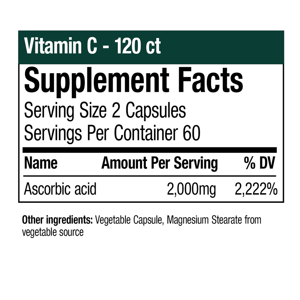 Supplement Facts label for Vitamin C 120 Capsules by NutraMedix