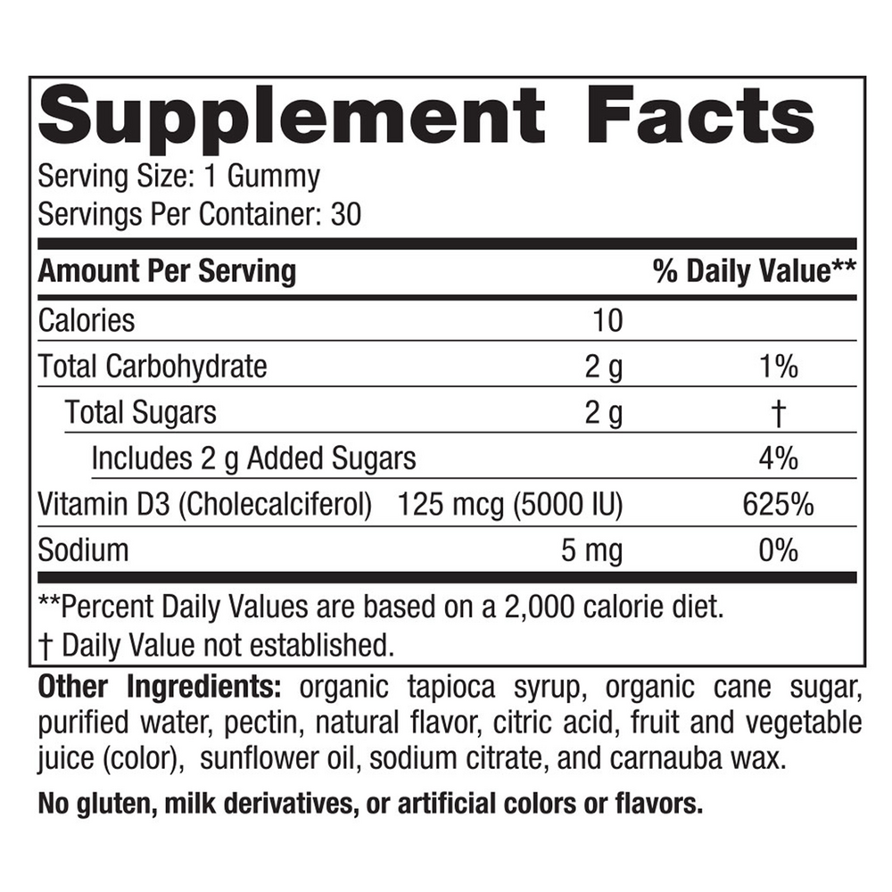 Vitamin D3 5000 – 30 Gummies by Nordic Naturals Supplement Facts label
